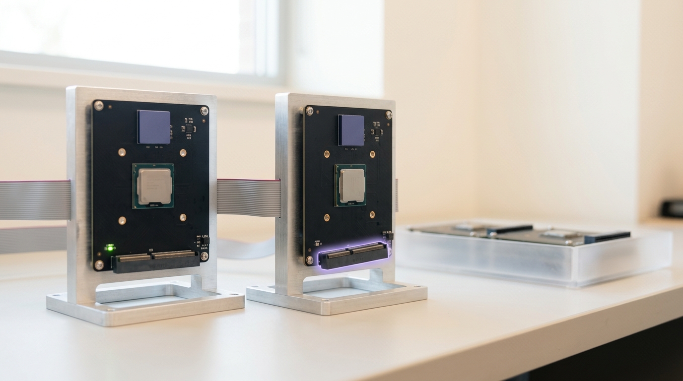 Two mirrored compute boards on a redundant-computation resilience rig wired to a shared state-sync harness, one board's status LED still unlit while its twin's is lit, the sync cable's connector not yet seated