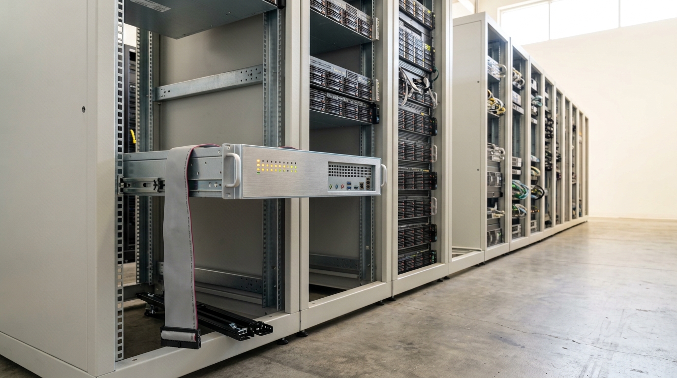A fleet-health monitoring appliance caught half-slid into an open rack bay, its front status LEDs lit in an uneven pattern and its console cable hanging free of the rear port