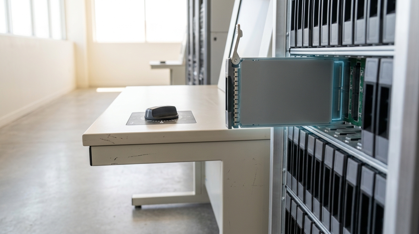 A checkpoint-policy control station beside a rack-mounted NVMe storage array, one drive caddy caught half-inserted into an open bay with its latch lever still standing up