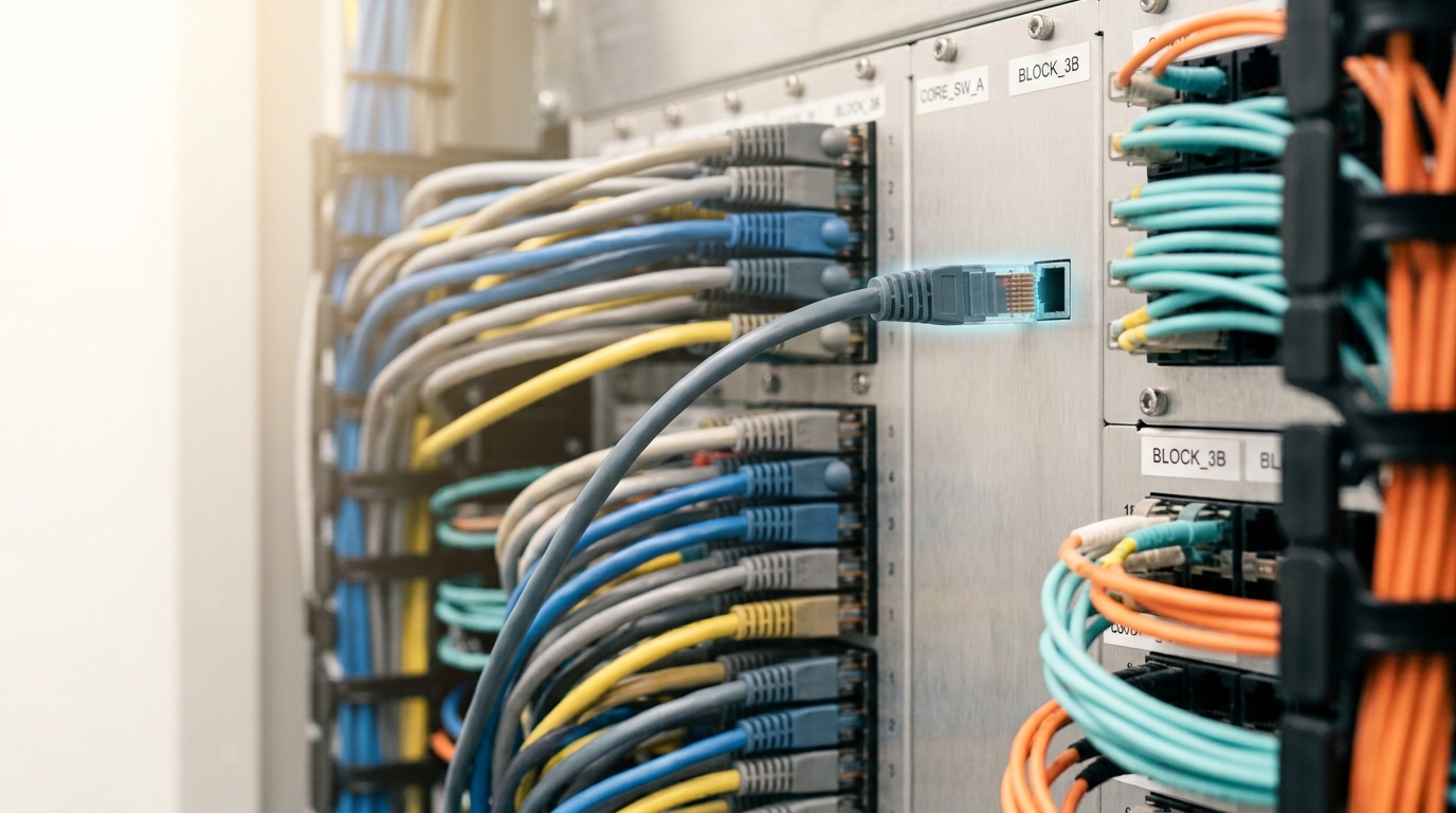 A structured-cabling cross-connect field with patch cords sorted into blocks, one cord caught mid-transfer between two blocks with its far end still held clear of the target port