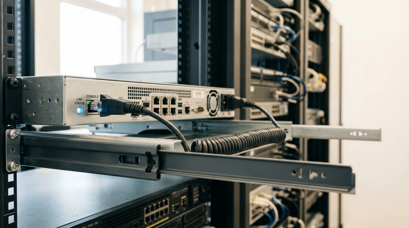 An out-of-band console tray pulled out from a rack with its serial console cable caught mid-plug into a monitoring appliance's port, one small link light blinking rather than steady