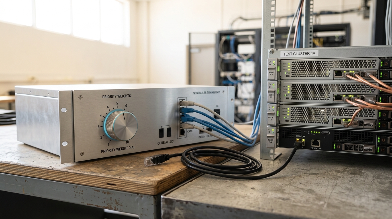 A scheduler-tuning console patched into a small test-cluster rack segment, its priority-weight rotary dial caught mid-turn and one patch lead resting unplugged beside the console