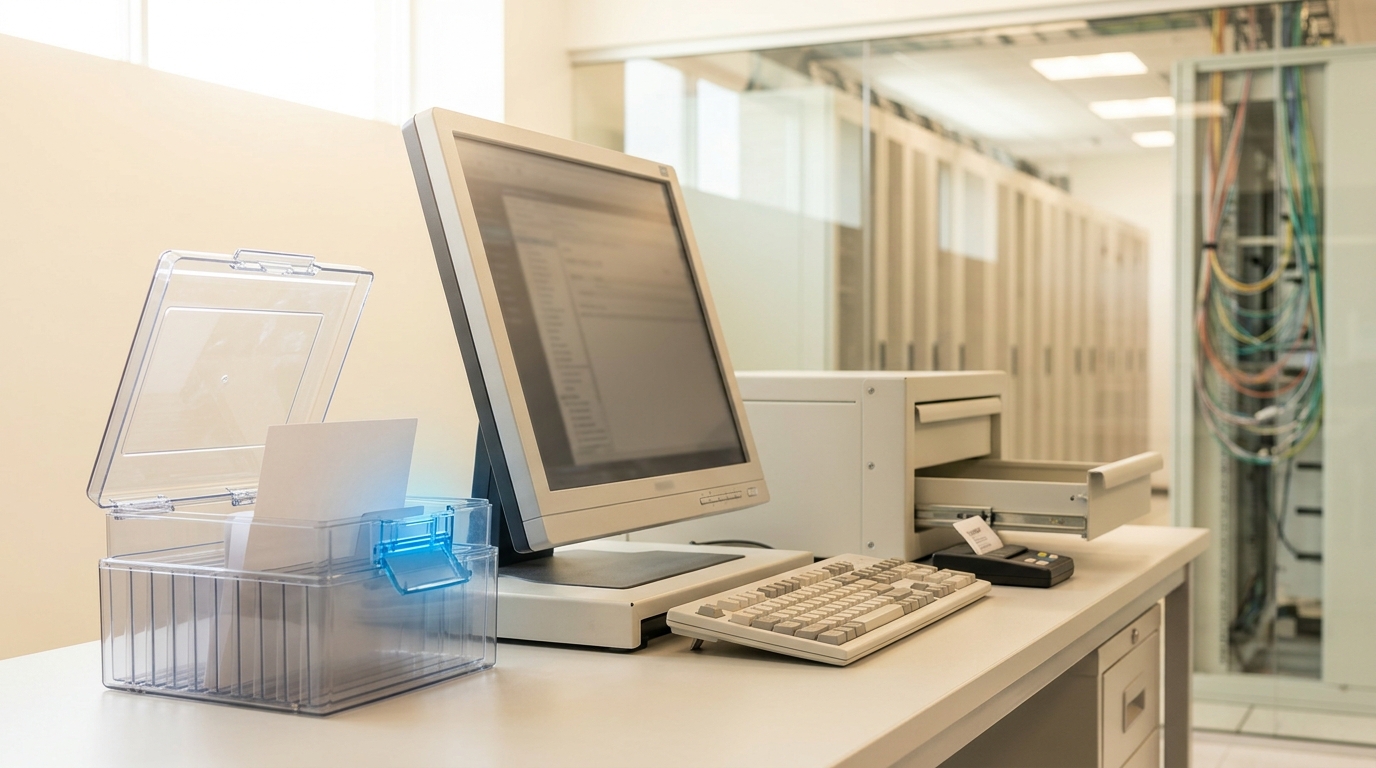 A blank matte-white task card halfway into a clear cassette beside a sealed repository-repair workstation and a compact local build rack