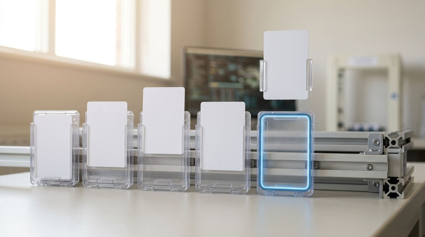 Five clear task-card cassettes in a row with blank cards at visibly different insertion depths, the last card hovering just above its slot