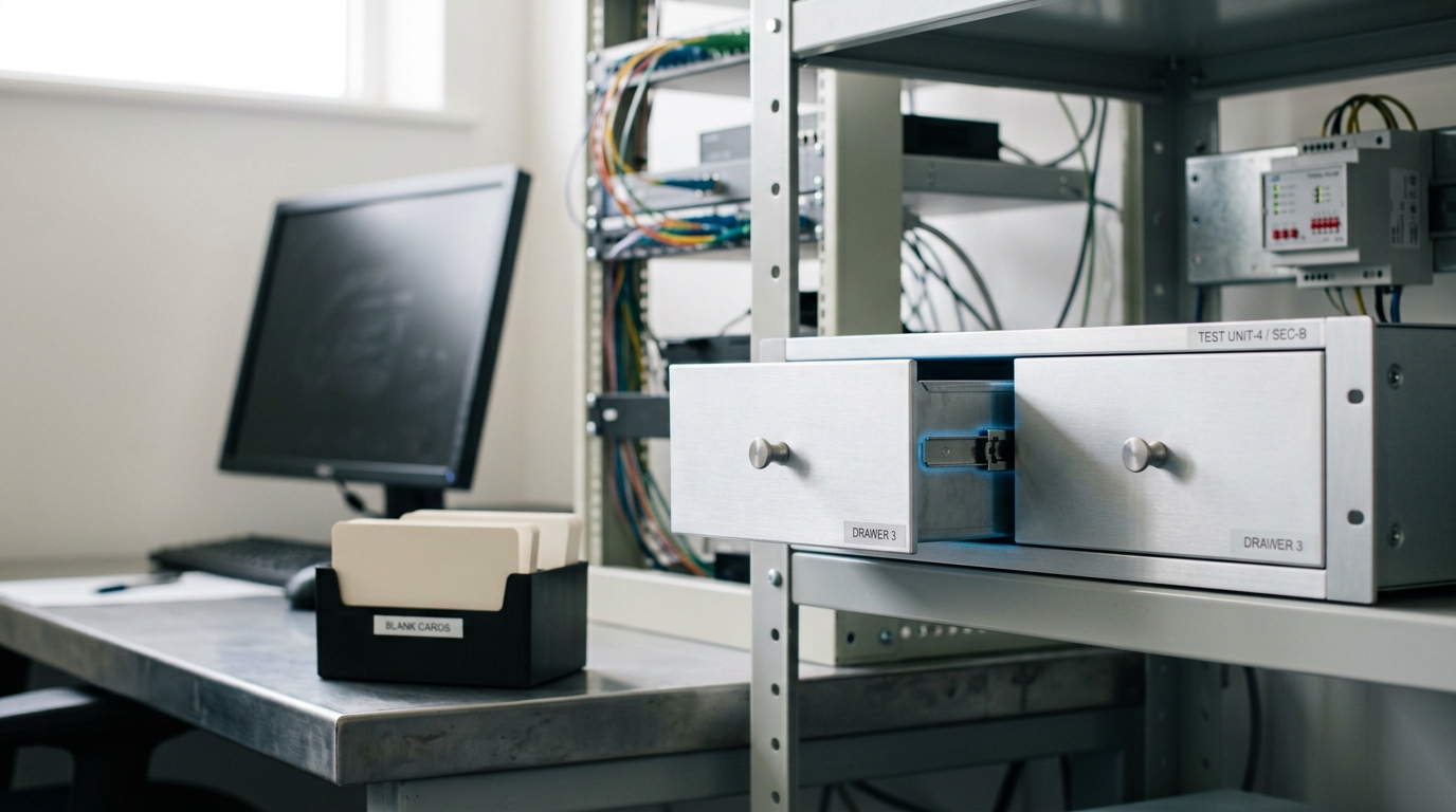 An isolated test appliance with one shallow drawer still open a few centimetres, next to a repository workstation whose screen is turned away