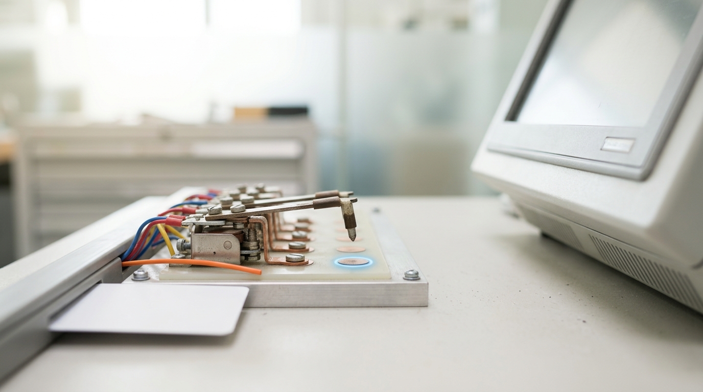 A row of physical timing relays beside an evaluation workstation, with one relay arm held just above its next contact and a blank task card beside the wiring channel