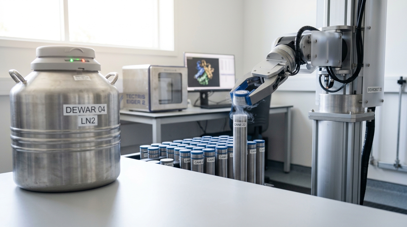 A robotic cryo-sample handling arm in a structural-biology cold room, caught mid-transfer with a sample puck lifted just clear of its storage cane, rows of storage canes and a dewar receding behind it