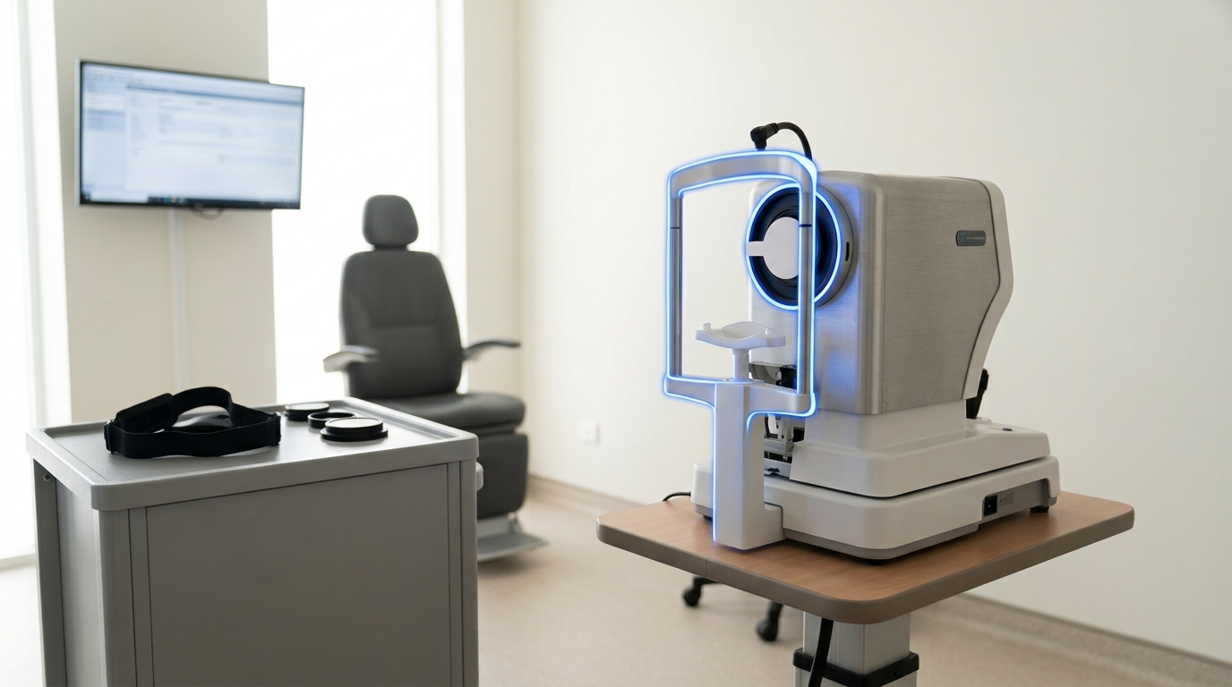 An empty clinical vision-screening room built around a fundus camera, its chin rest and calibration target caught mid-adjustment with no one seated at the device