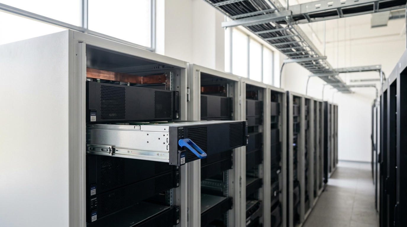 A weather-model supercomputing hall with one accelerator tray caught part-way seated on its rails in a rack row, an overhead cable tray and further racks receding down the aisle