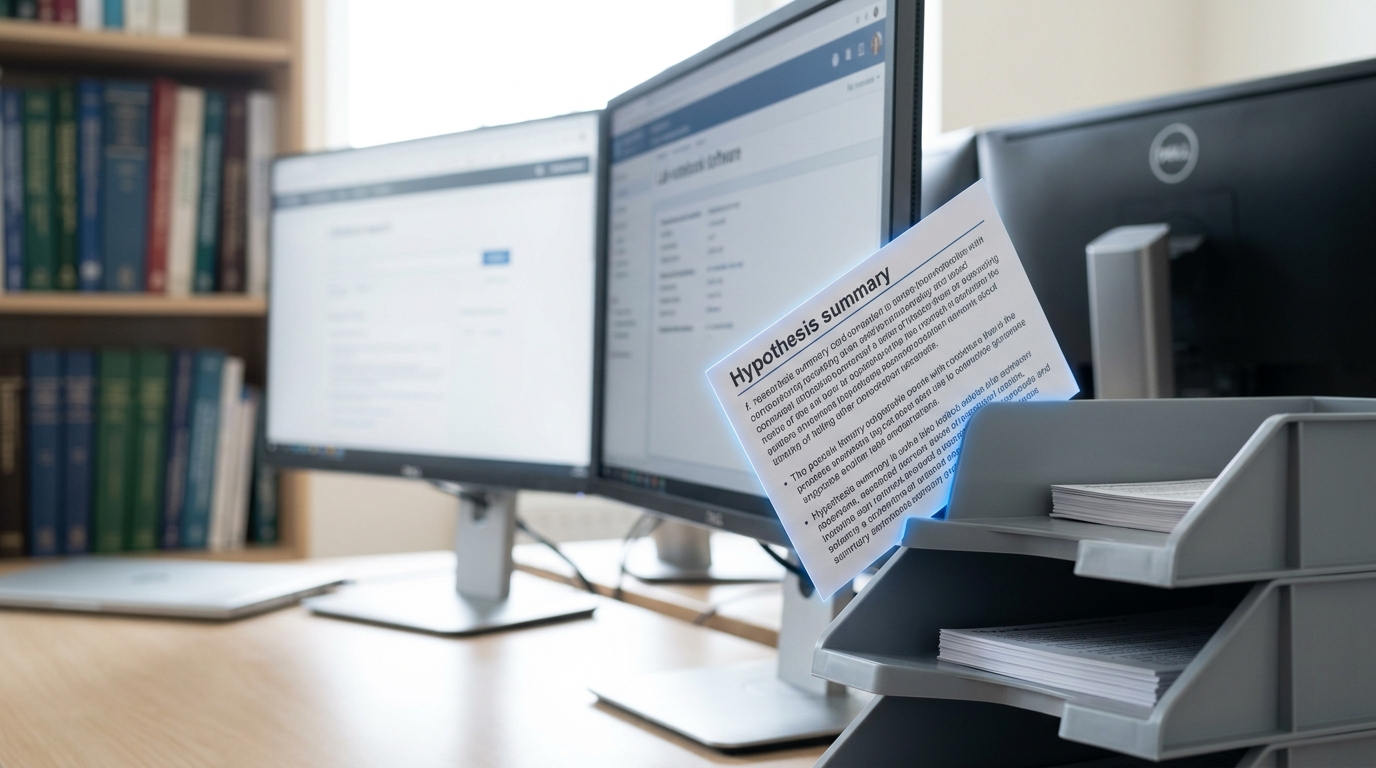 A research desk for a scientific literature and hypothesis-generation agent's human collaborator, a printed hypothesis card caught mid-slide into a queue tray beside a bank of monitors