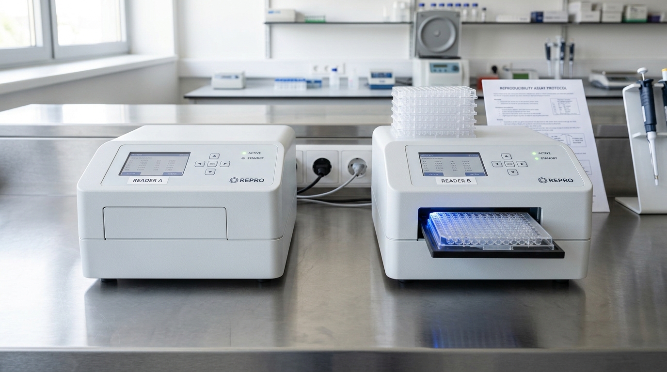 A reproducibility bench with two identical assay setups running side by side, one readout plate caught mid-slide into a plate reader while its twin sits already loaded