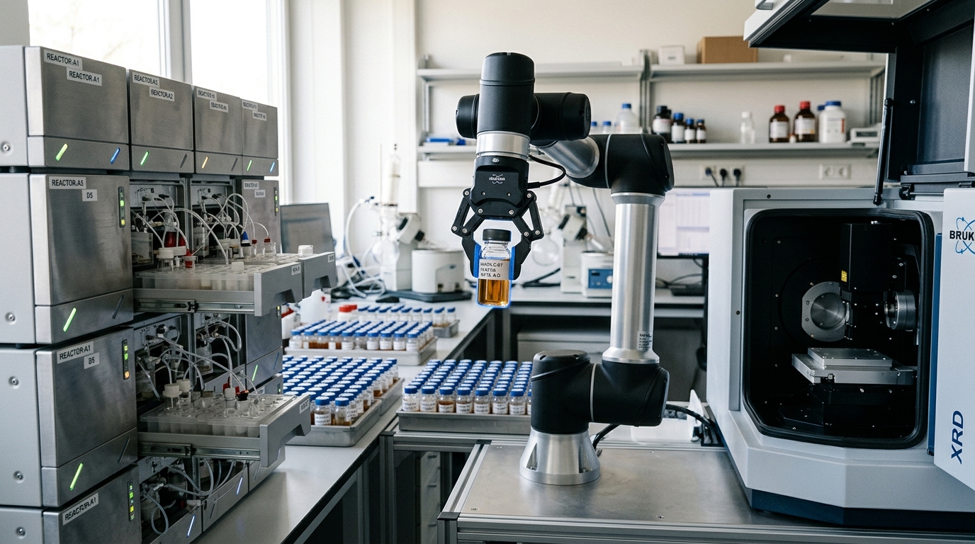 A robotic arm in an autonomous materials-synthesis lab caught mid-transfer of a small glass vial from a synthesis module toward a characterization instrument, rows of reaction modules receding behind it