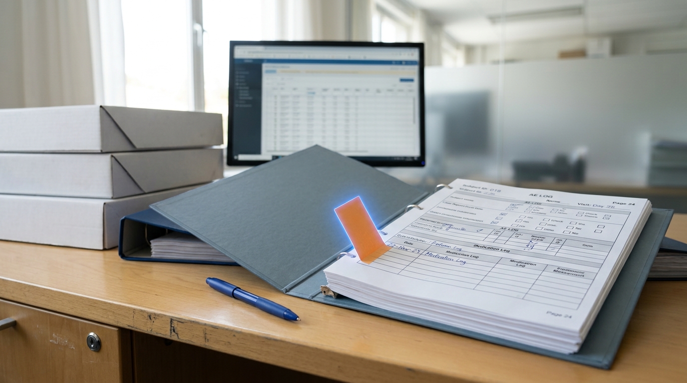 A clinical-trial data-review desk with a source-document binder open to a flagged case-report page, a pen resting beside it and a second closed binder stacked nearby