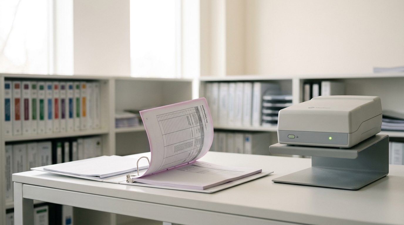 A predetermined change-control-plan binder open on a compliance-office desk with a modification-log page caught mid-turn, beside a small certified medical imaging device unit on a testing stand