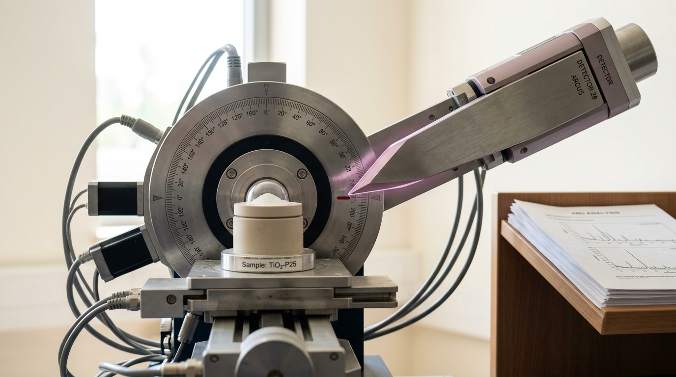 An X-ray diffraction instrument's goniometer detector arm caught mid-sweep past a small painted reference mark on its calibration scale, with a powder sample mounted at the instrument's centre