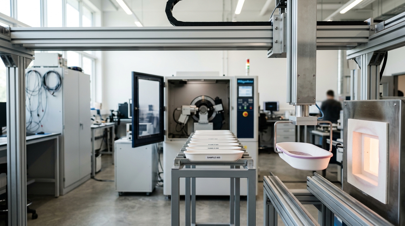 A robotic gantry arm holding a ceramic sample boat suspended just short of a tube furnace's open mouth in an autonomous materials-synthesis bay, with a queue of loaded boats waiting on a rack behind it