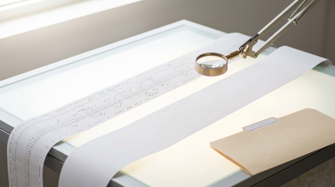 A magnifying loupe on an articulated arm hovering just above a freshly unrolled strip of printed data trace on a light table in a replication-audit office, beside a first trace already marked
