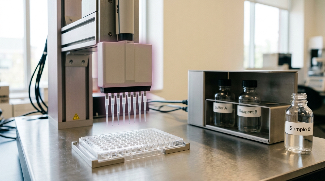 An automated liquid-handling robot arm with its pipette tip caught mid-descent toward a 96-well plate, the droplet not yet dispensed, in an agent-orchestrated wet-lab research cell