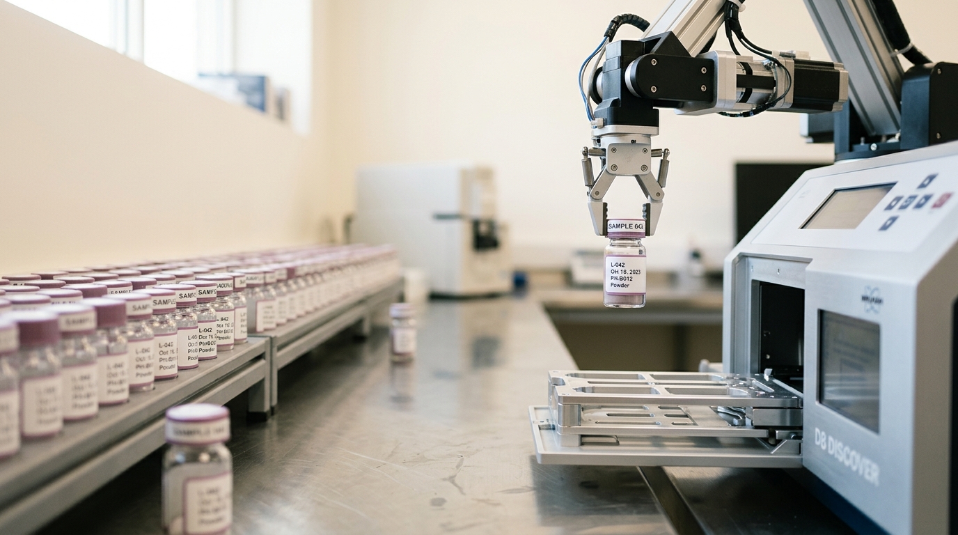 A long rack of labelled sample vials queued beside an X-ray diffraction loader, one vial lifted clear of the rack on a robotic gripper and not yet seated in the loader while dozens more wait behind it