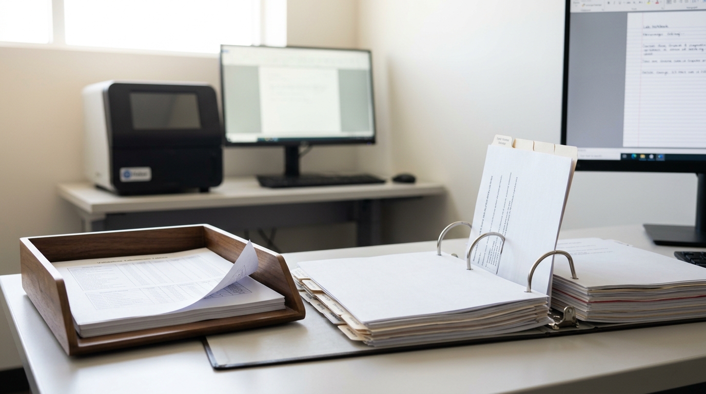A regulatory-affairs desk with a submission binder open, one tabbed divider labelled for a change control plan caught mid-insertion between already-filed sections, a benchtop device housing set to one side
