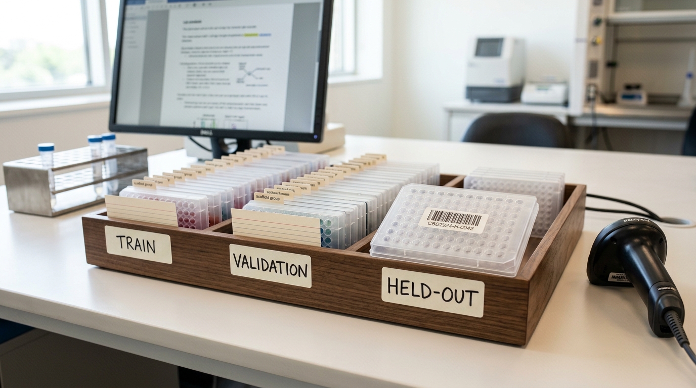 A walnut-wood divided sample tray on a lab bench with one frosted microplate caught mid-lift above its held-out compartment, its barcode not yet scanned, other plates already sorted by scaffold group into the train and validation compartments behind