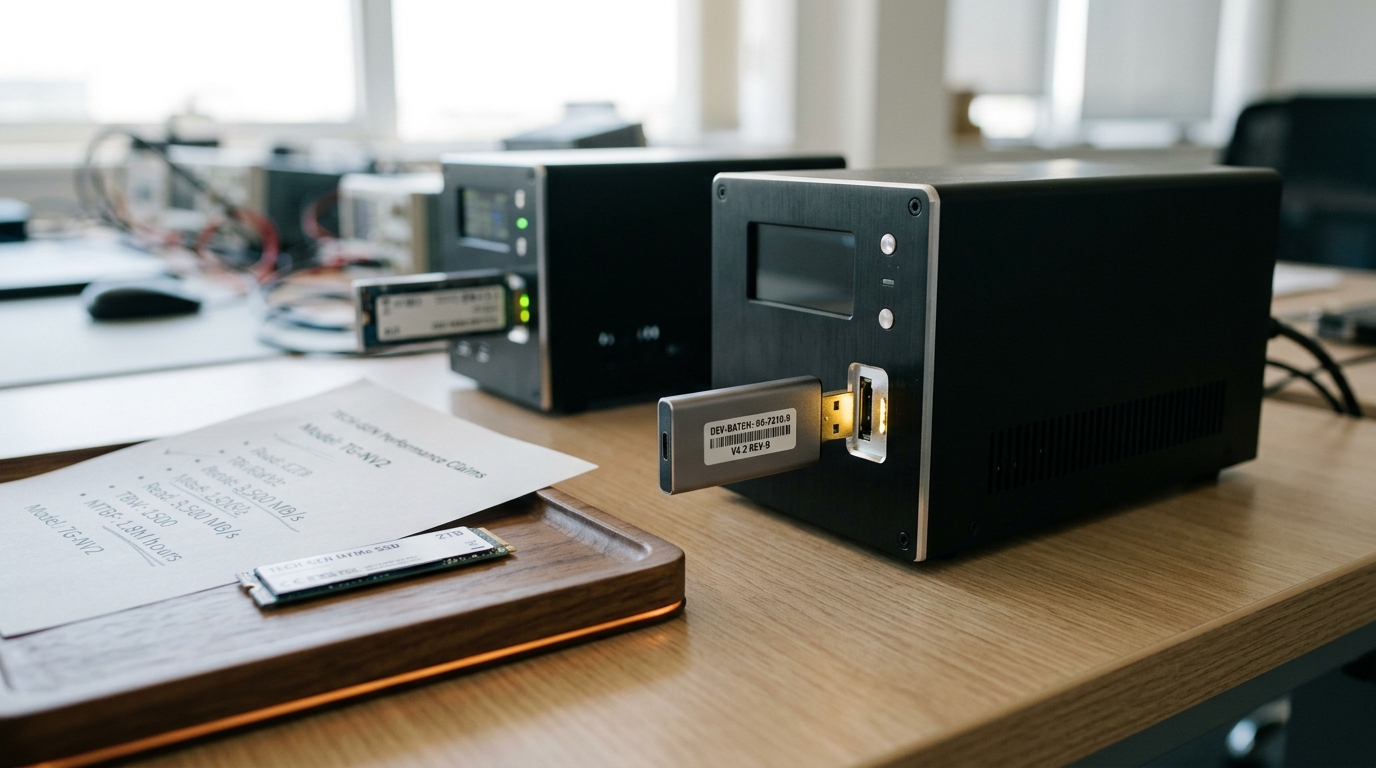 A vendor-evaluation bench with an independent benchmark drive caught mid-plug into a test rig, the vendor's own demonstration drive disconnected and set aside on a walnut-wood tray next to its printed claims sheet