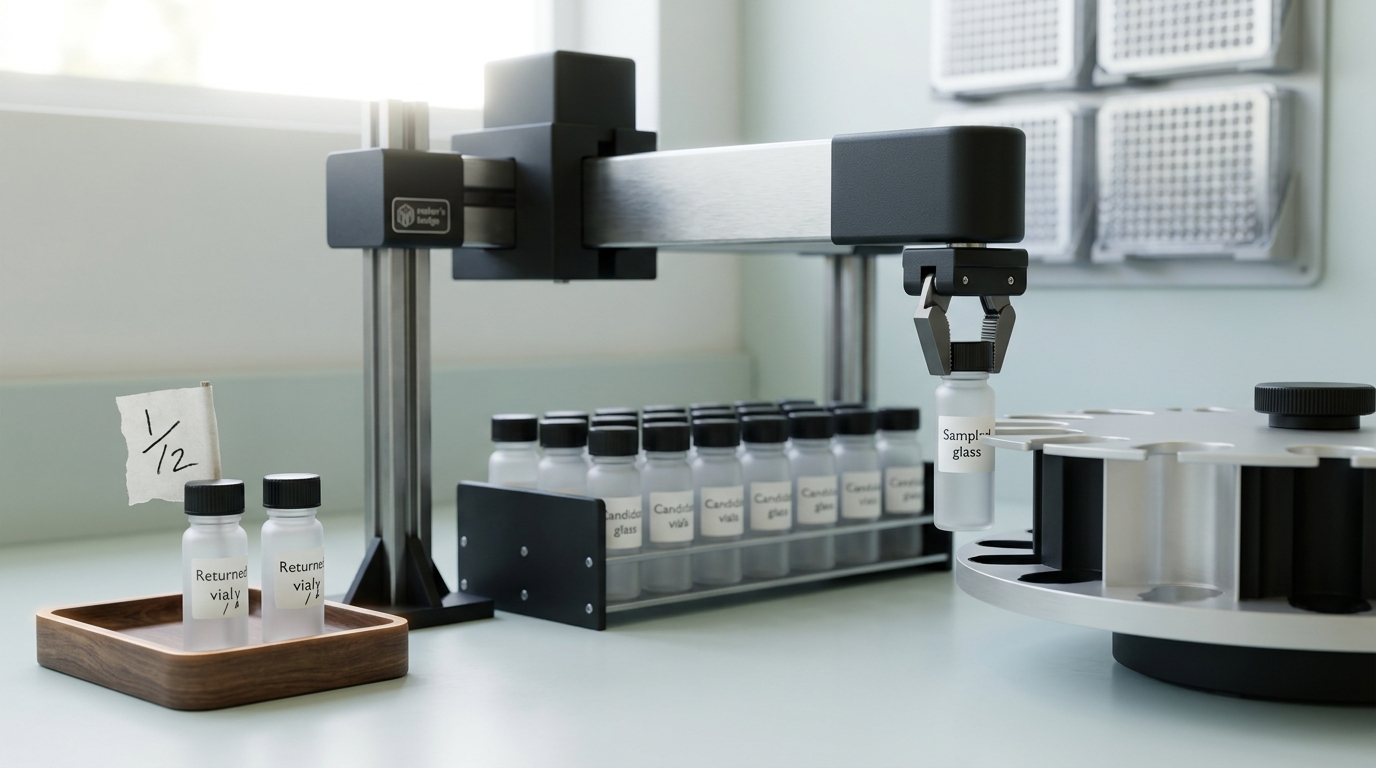 A robotic liquid-handling arm with its gripper closed around one sample vial, caught mid-lift out of a rack of model-proposed candidates toward an open slot on the synthesis carousel, a rejected vial from the previous round sitting apart in a tray marked for the model