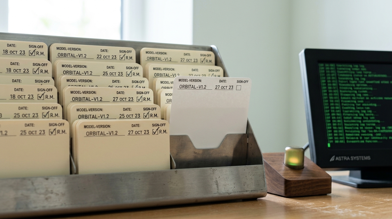 A monitoring desk with a dated log rack of past model-version cards, one new signed-off card caught mid-insertion into the current slot, an amber drift-alert light glowing quietly beside a live deployment terminal