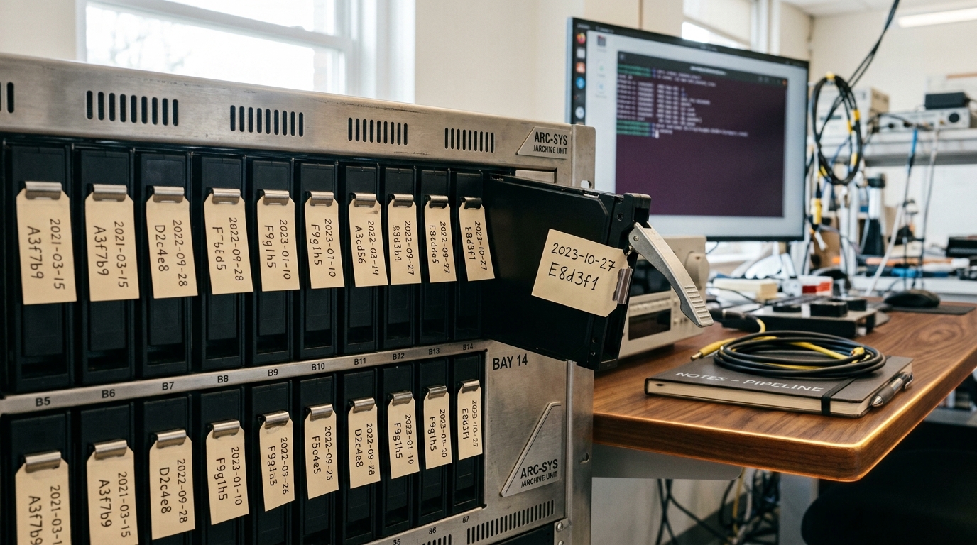 A pipeline-archive rack of dated drive caddies with one caddy caught mid-slide into its bay, a handwritten environment-snapshot tag only half attached, the previous quarter's caddies already seated and locked