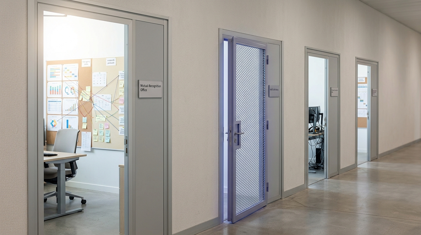 A wide corridor in the coordination centre with doorways onto the mutual-recognition office, the audit lab, the configuration desk, and the capacity research office, each caught in a different state of openness