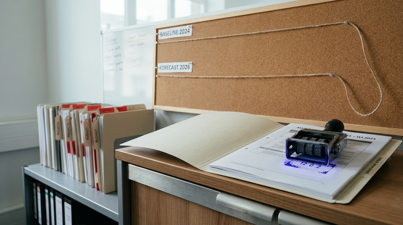 A rubber date-stamp caught mid-press over an open statute-amendment folder's schedule page in a governance-capacity research office, a timeline pinboard with two unequal cords behind, a shelf of withdrawn proposal folders to one side