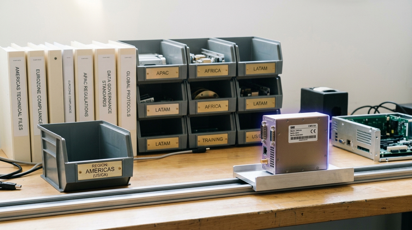 A hardware compliance module on a sliding carrier tray caught mid-transit between two region-labelled parts bins at a fragmented-compliance configuration desk, technical-file binders behind
