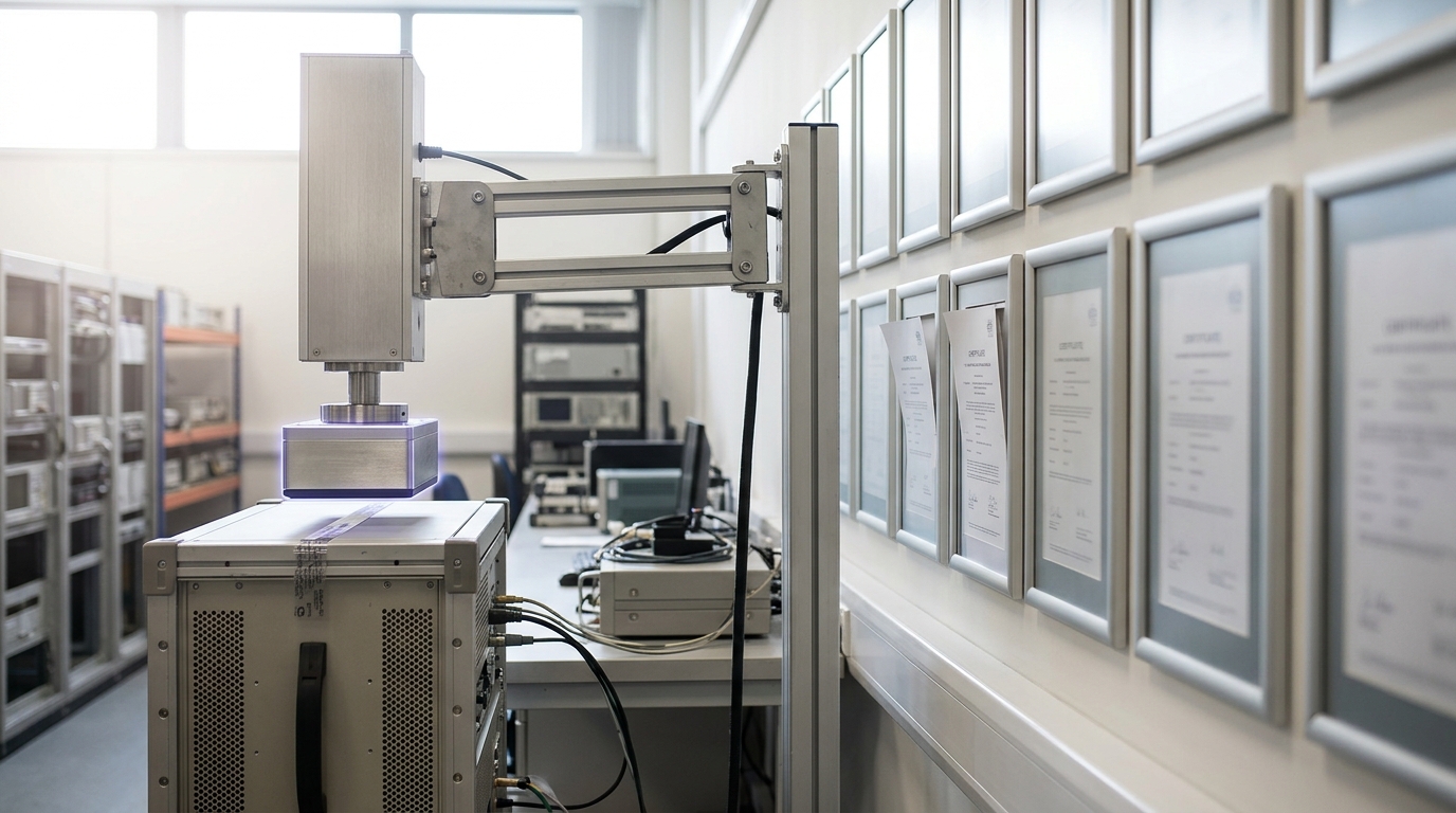 A tamper-evident seal press caught mid-descent onto a system under test on an accredited audit-lab bench, an accreditation-wall certificate half-slid into its display slot, a queue of racked systems behind