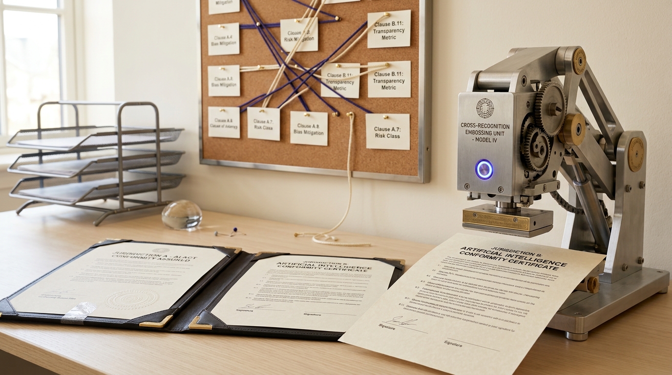 Two conformity certificates from different jurisdictions on a coordination-office desk, a mechanical cross-recognition press caught lowered a hair's width above the second certificate, with a crosswalk pinboard of linked clause cards behind