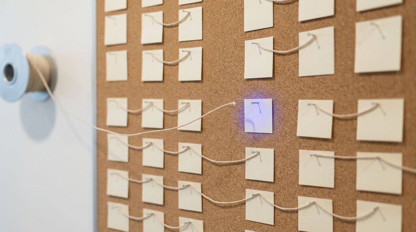 A crosswalk pinboard in the mutual-recognition office with rows of jurisdiction clause cards linked by cord, one final length caught mid-span short of its pin
