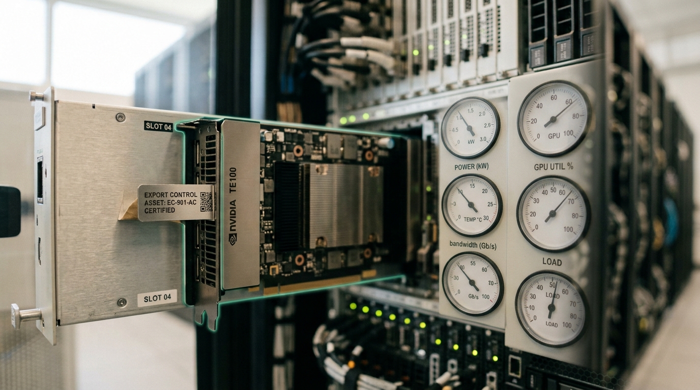A compute-metering panel wired to a rack of accelerator cards, one export-control asset tag being pressed onto a card's edge.