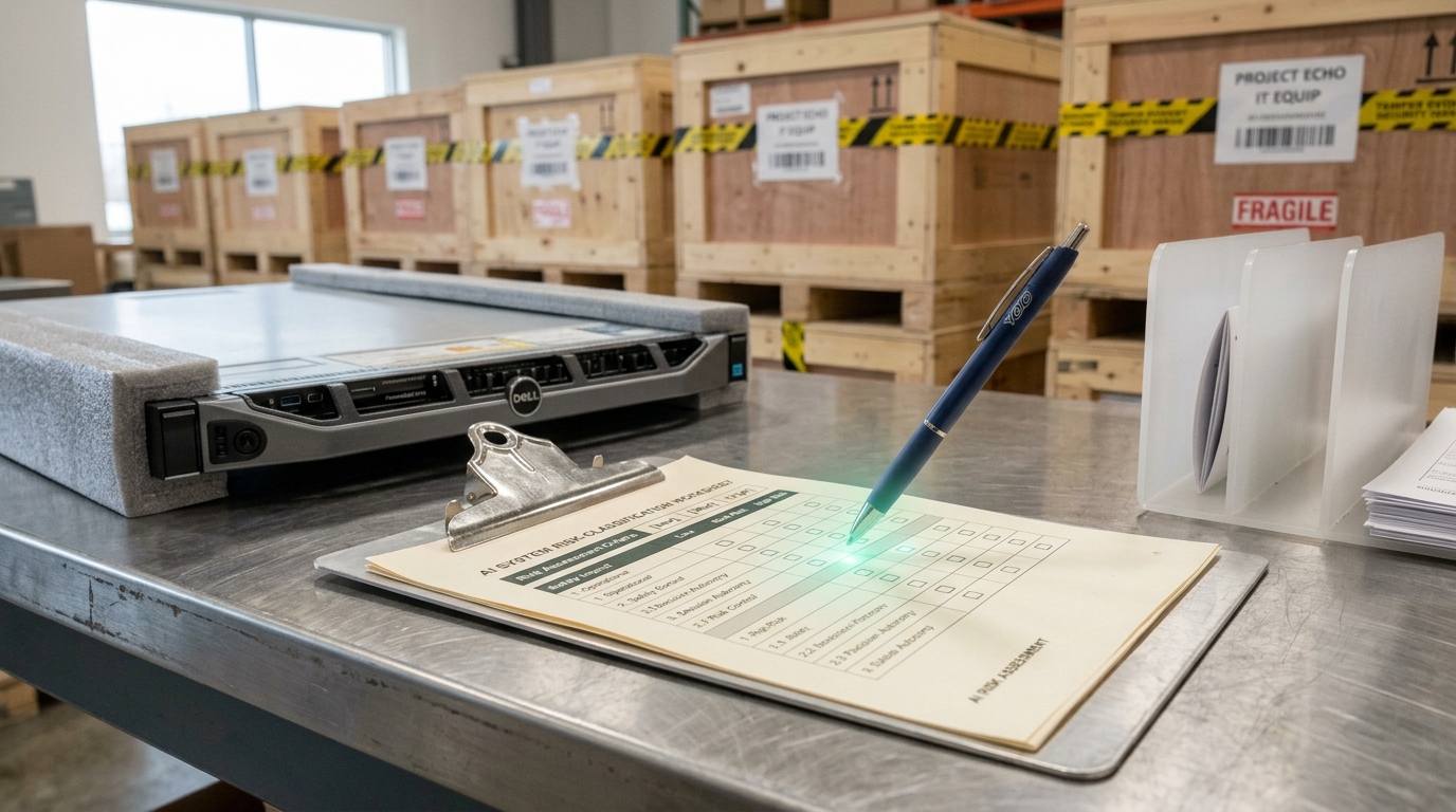 A risk-classification worksheet clipped to a board on an intake desk next to an unboxed server, one checkbox pen still hovering over the high-risk column.