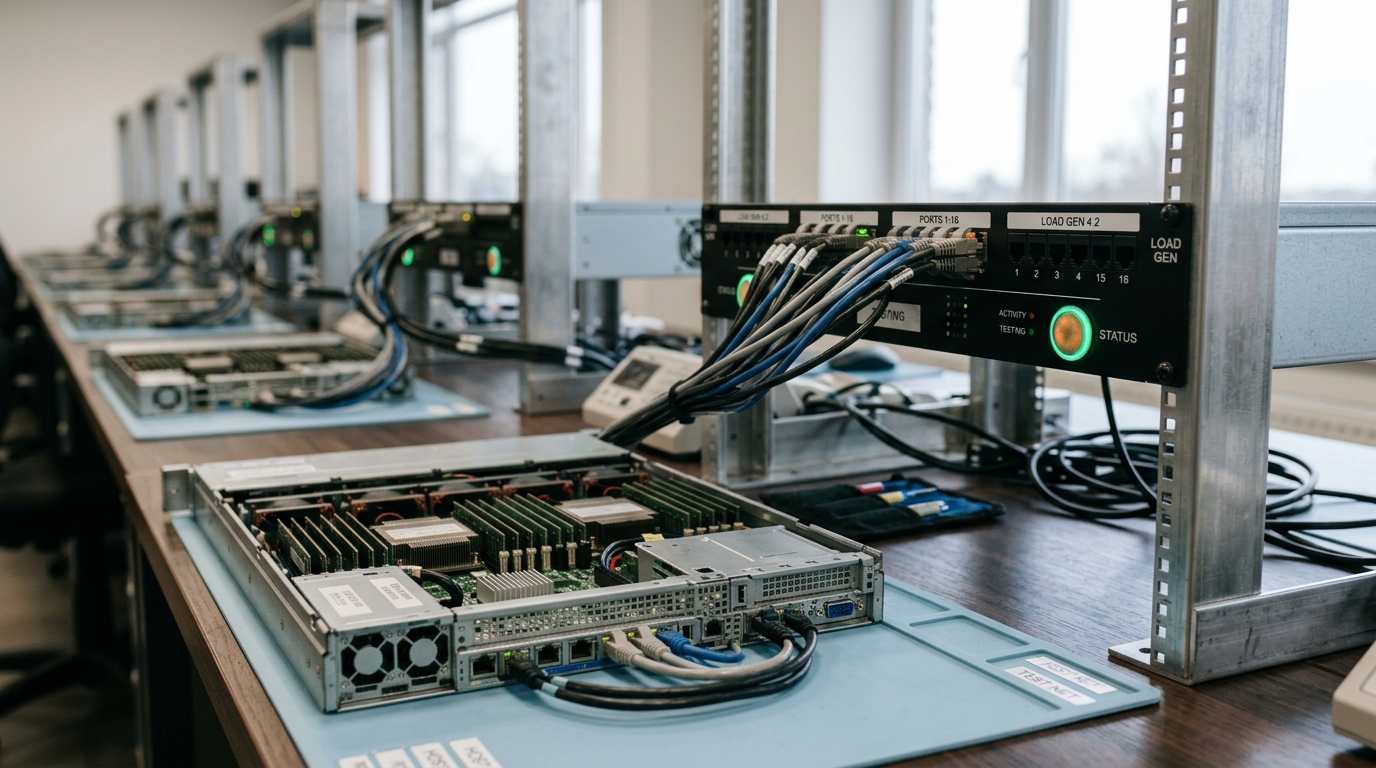 A conformity-assessment bench with a load-testing rig cabled into a rack-mount server, a readout mid-transition between test states.