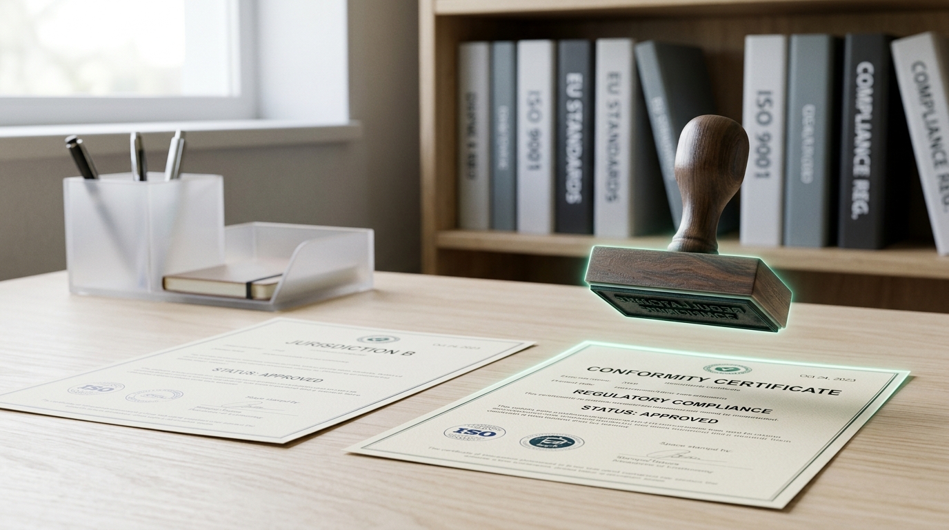 A mutual-recognition intake desk with two certificates from different jurisdictions laid side by side, a rubber stamp still lifted above one of them.