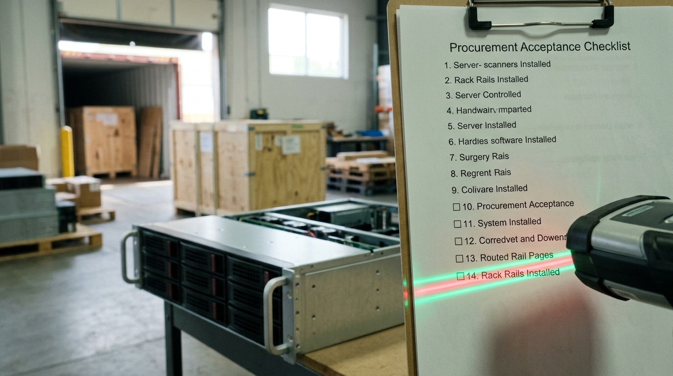 A procurement acceptance bay where an unboxed server is scanned against a checklist, the barcode scanner's beam still crossing the final line item.