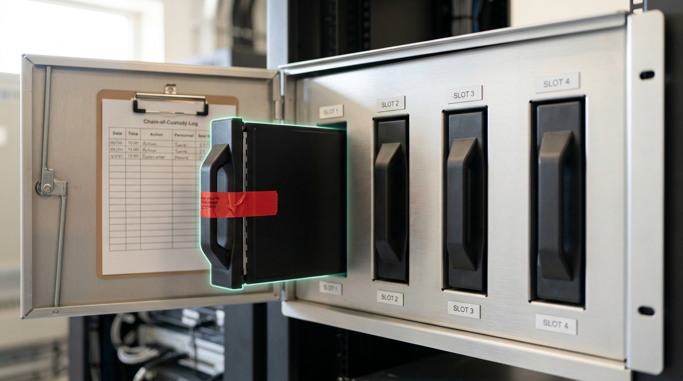 A tamper-evident evidence locker holding sealed drives labeled by RMF function, one drive tray still sliding into its slot.