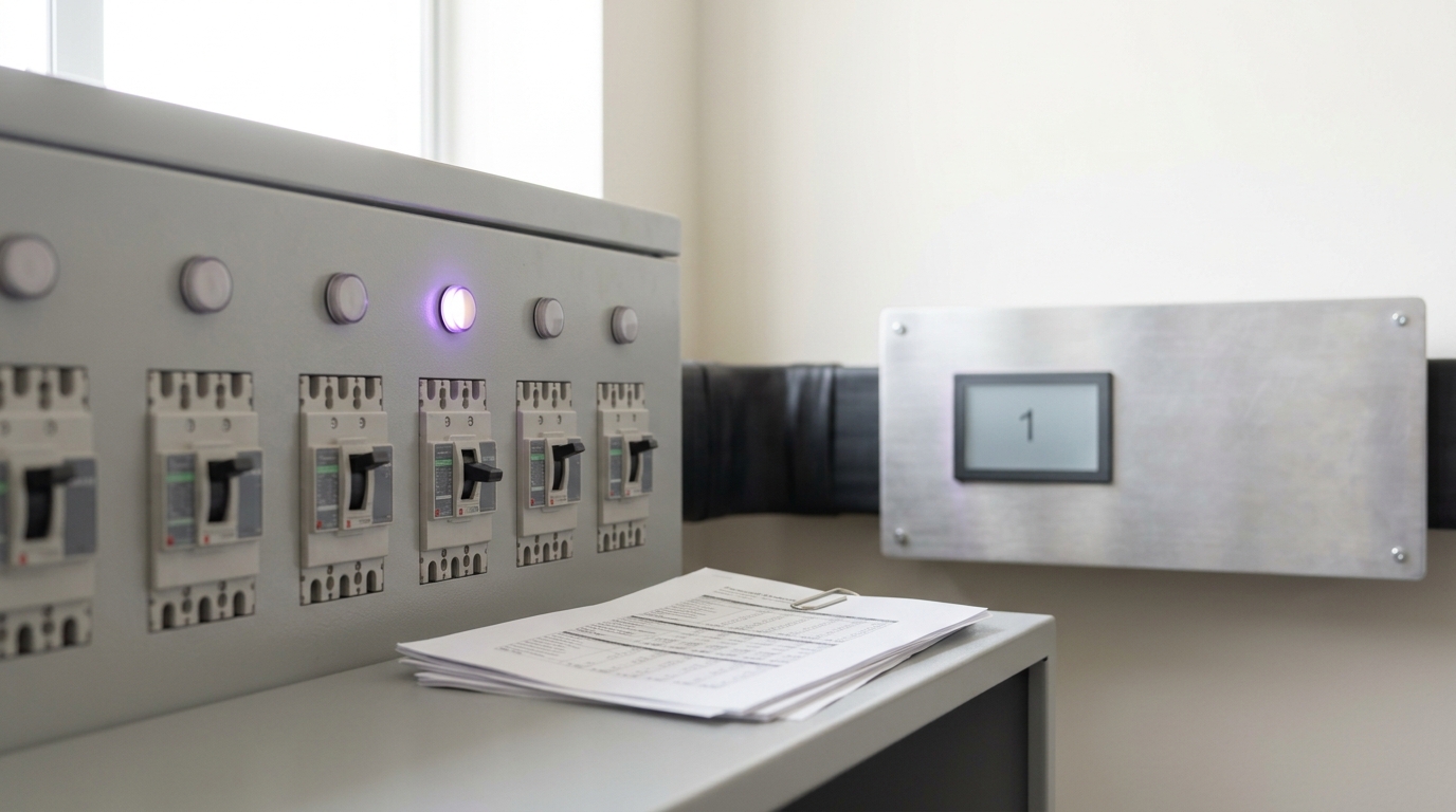 A capacity-and-energy planning room's power-allocation panel with one breaker handle caught mid-throw, beside a grid-interconnection status board and a stack of forecast printouts