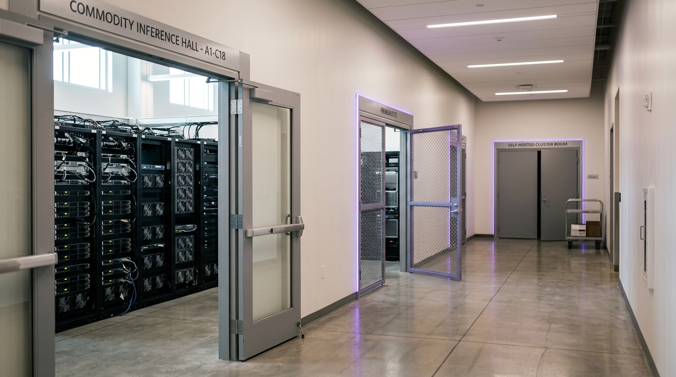 A long corridor inside the inference campus with the commodity hall, the premium suite's cage, and the self-hosted cluster room all glimpsed in sequence through successive open doorways