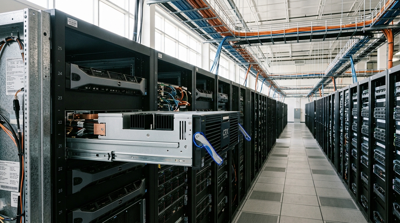 A commodity inference hall's rack row mid-commissioning with a new accelerator tray half-seated on its rails, and a separately caged premium-tier suite's mesh access door standing open a crack across the aisle