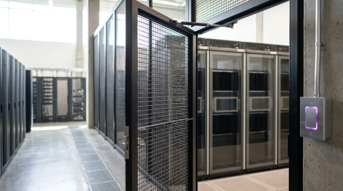 A premium-tier provider's proprietary-model serving cage seen through its own mesh access-control door, caught mid-swing toward closed with the badge reader's light not yet settled