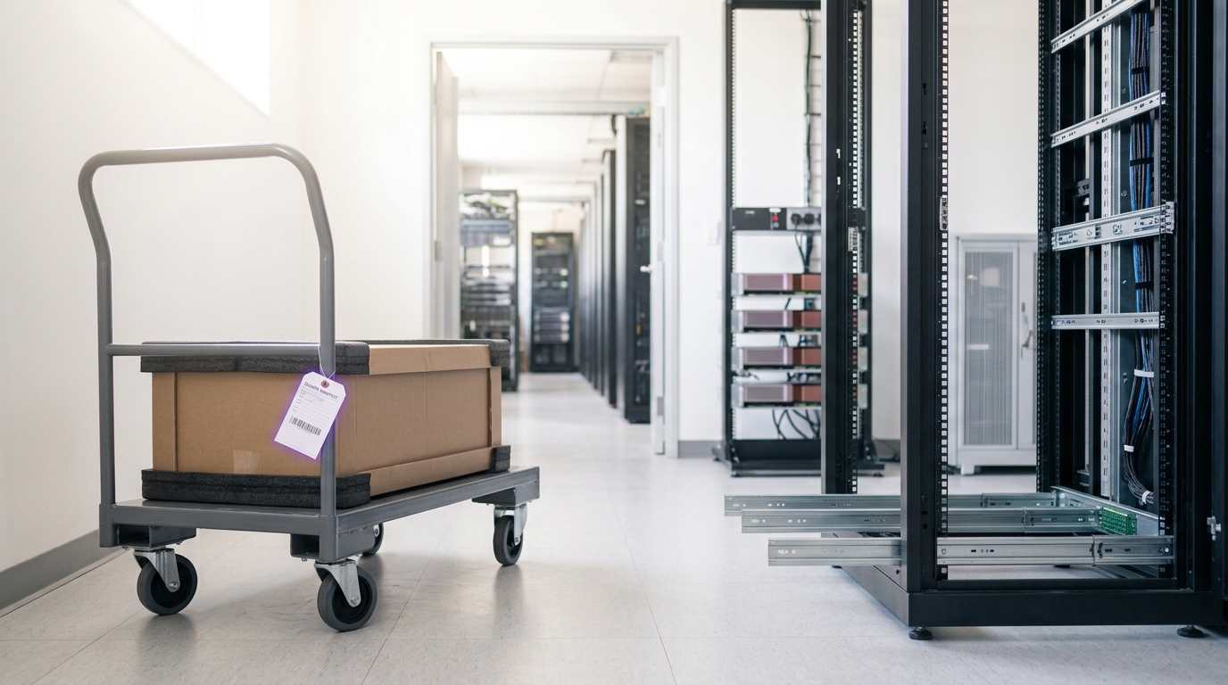 A newly delivered accelerator tray on a loading cart parked short of an enterprise self-hosted inference cluster's open rack rails, not yet lifted into place