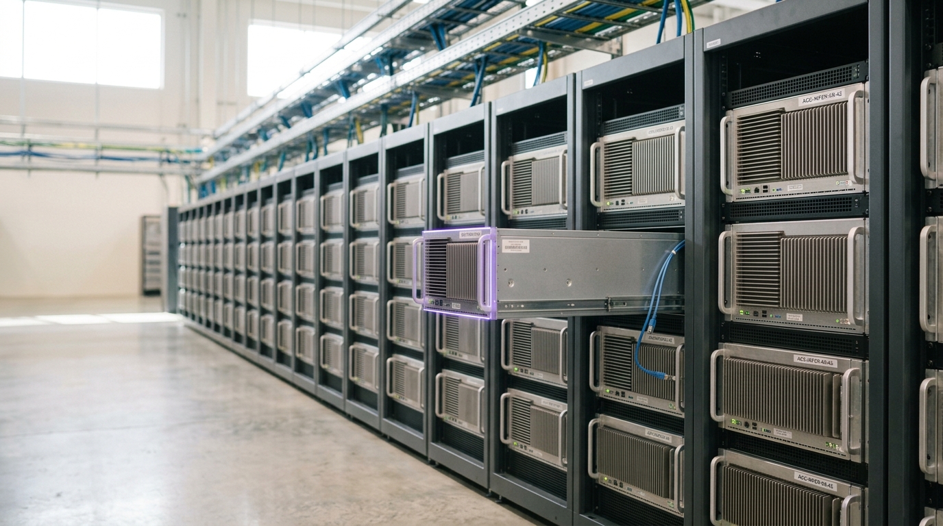 A dense, uniform commodity inference hall with a long identical rack row receding into the distance and one more accelerator tray being slid onto the end of it