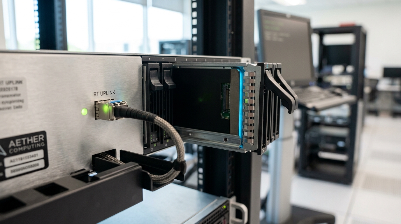 A KV-cache tier caddy caught part-way into its bay in a serving rack, its cam latch still open, while a patch panel beside it already carries several request lines landed and settled from earlier replicas