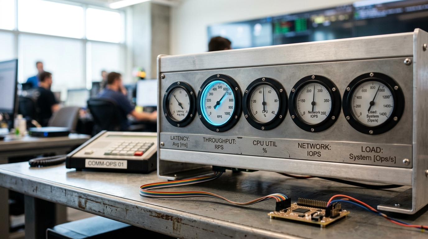 A workload-telemetry logger with five separate counter dials, one dial caught mid-advance past its neighbours while the other four sit already settled at a lower reading