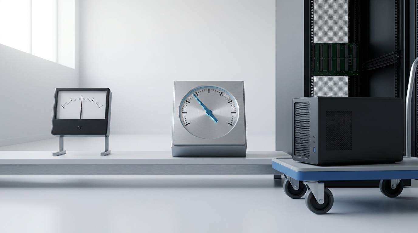 A procurement review bench with a capacity-reservation terminal showing a burn-down dial mid-fall, a compact self-hosted GPU chassis on a service cart still short of its open rack bay, and an on-demand usage meter running steadily beside them